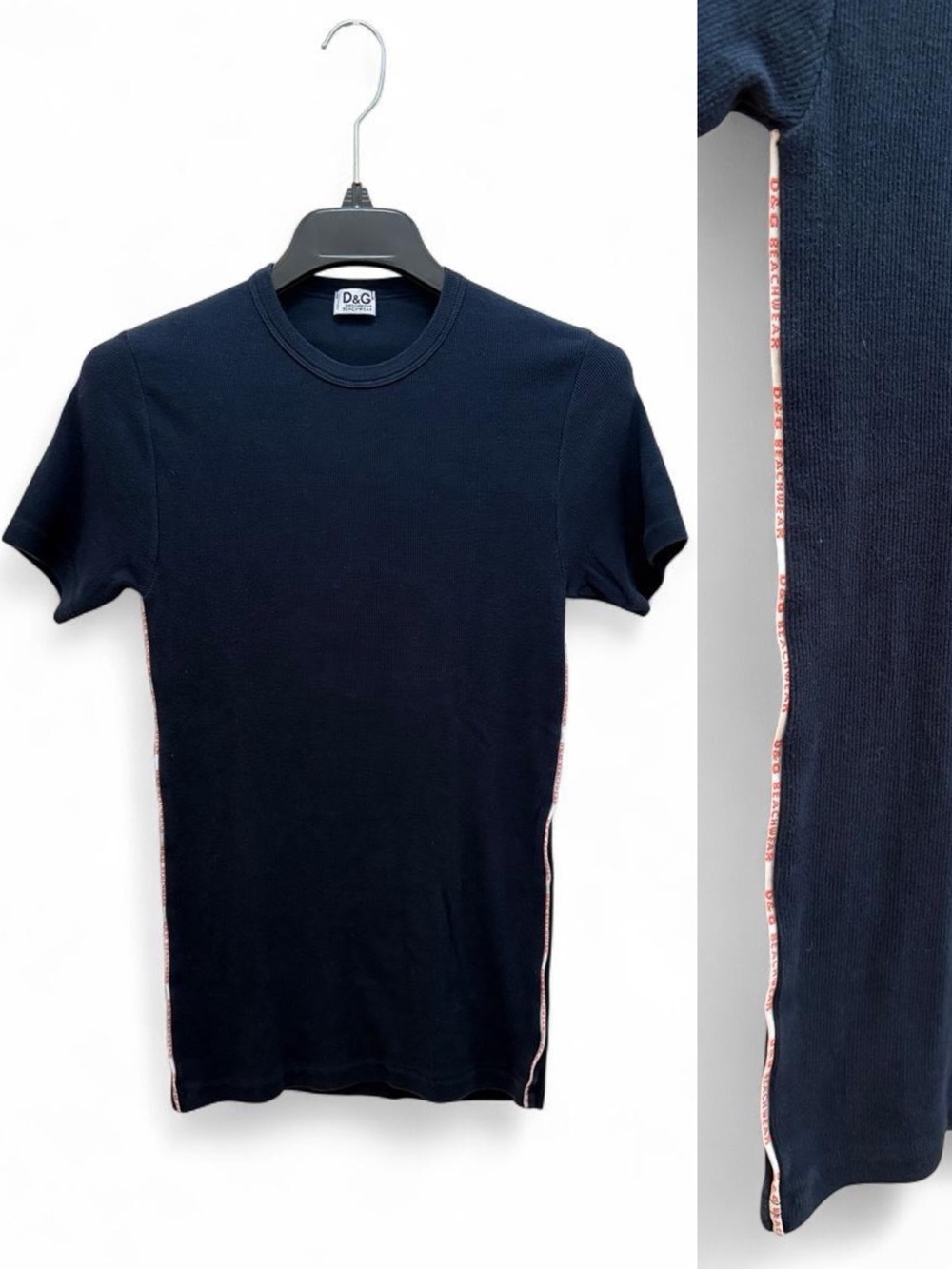Dolce & Gabbana Navy Beachwear Ribbed Logo Tape T-Shirt Size XS/Small Y2K Preppy